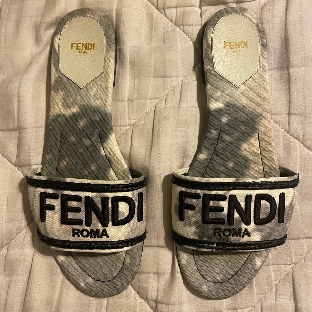 Grey & White Fendi Sandals/Slides